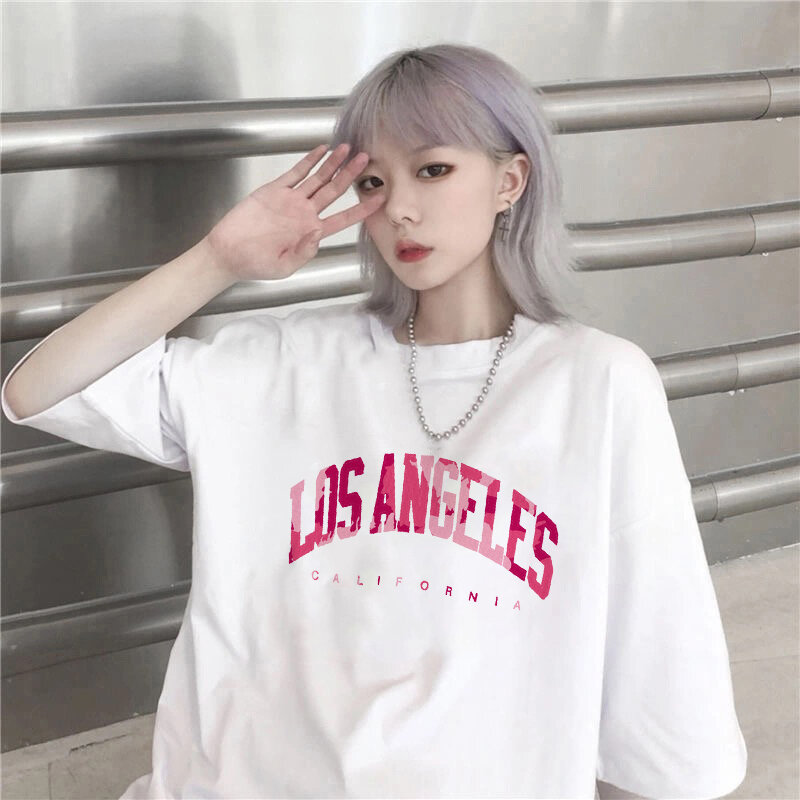 Moda Los Angeles list drukuj z krótkim rękawem Casual t-shirty damskie graficzne koszulki lato Streetwear topy ponadgabarytowy T Shirt
