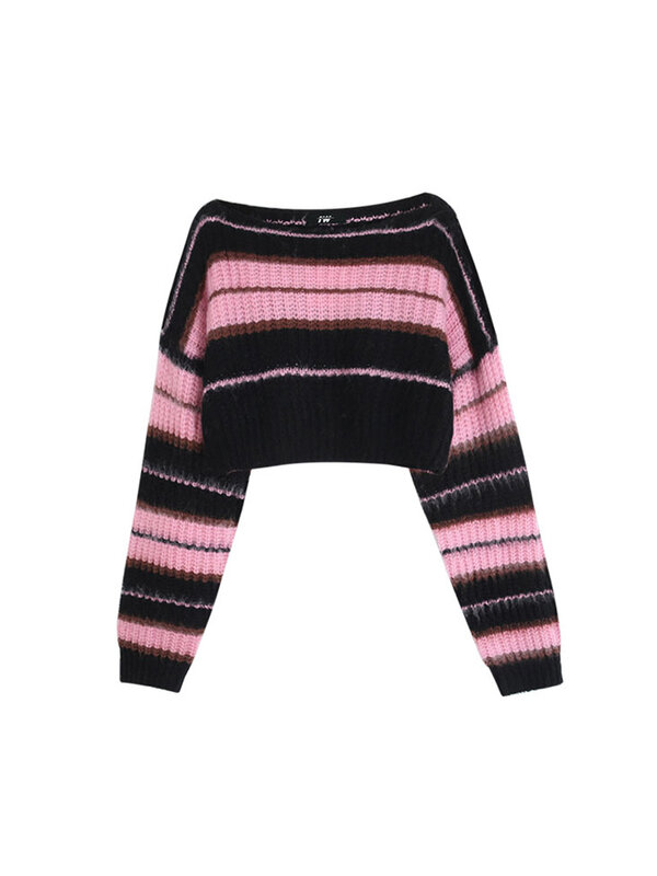 Sweter Pullover Rajutan Wanita Lengan Panjang Longgar Jumper Pakaian Rajut Warna Kontras Bergaris Vintage Crew-Neck Baru Musim Gugur Musim Dingin Wanita