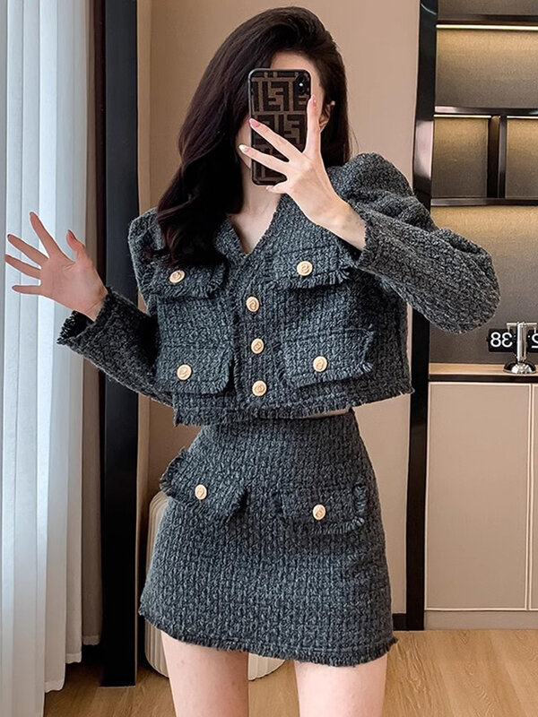 Temperament Fashion Small Fragrant Two Piece Tweed Outfits 2023 Fall New Puff Sleeve Short Coat And Mini Skirts Fashion Clothes