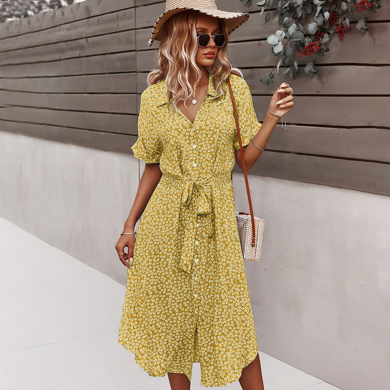 2022 New Casual Floral Print Beach Dress Spring Women Bandage Dress Summer Vintage Button Holiday Ladies Chic Dresses Vestidos