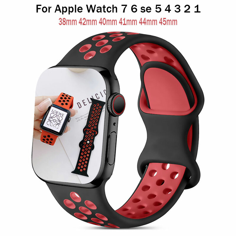 Correa de silicona para Apple Watch, banda de 45mm, 41mm, 44mm, 40mm, 38mm, 42mm, accesorios transpirables, pulsera de reloj iWatch 7 SE 6 5 4 3
