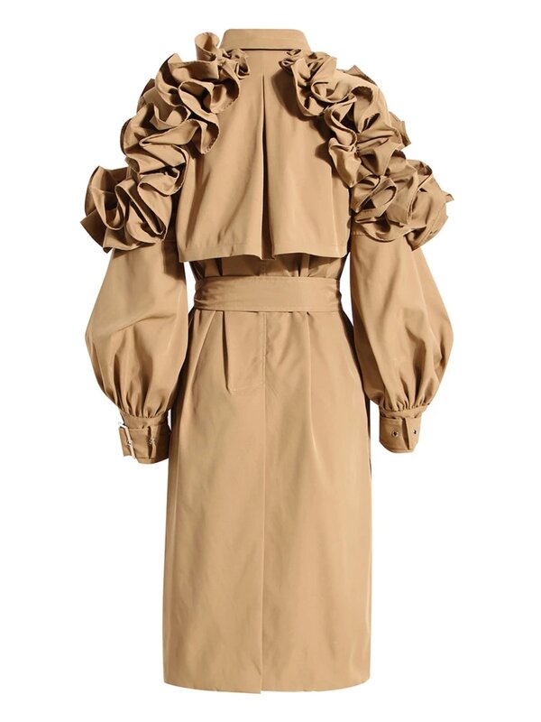 Gabardina con solapa para mujer, abrigo de manga larga con volantes en el hombro, con cinturón, a la moda, para otoño, 2023
