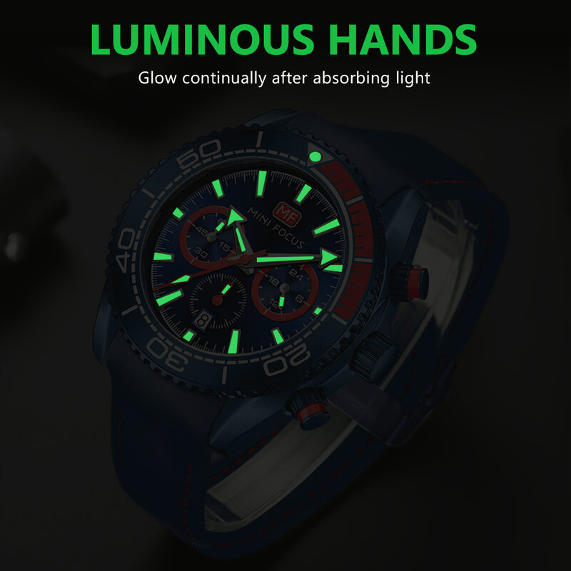 MINI FOCUS Blue Sport Watch for Men Chic Multifunction Sub-Dials Calendar Urban Luxury Watches Silicone Strap Luminous Hands New