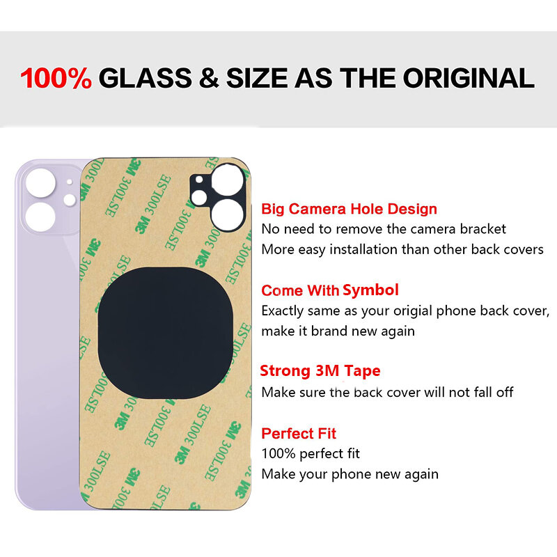 Piezas de Repuesto de Panel de vidrio para iPhone 11, carcasa de batería de alta calidad con logotipo, agujero grande, cristal trasero + cinta 3M