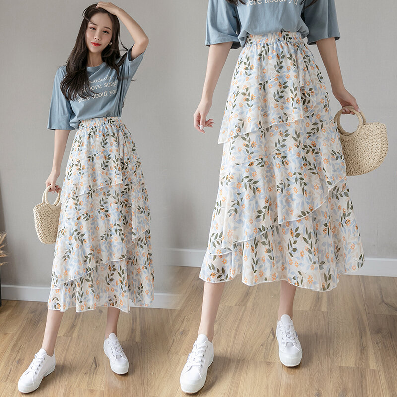 Wisher & Tong-Falda Floral de cintura alta para mujer, falda de gasa de moda coreana, faldas largas por debajo de la rodilla con estampado Floral para primavera 2022