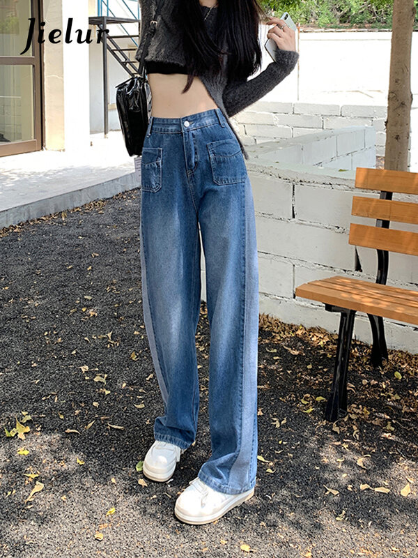 Jielur Chic Casual Women's Jeans High Waist Blue Denim Jeans Street Washed Buttons Hit Color Long Pants Female Girl Autumn S-4XL