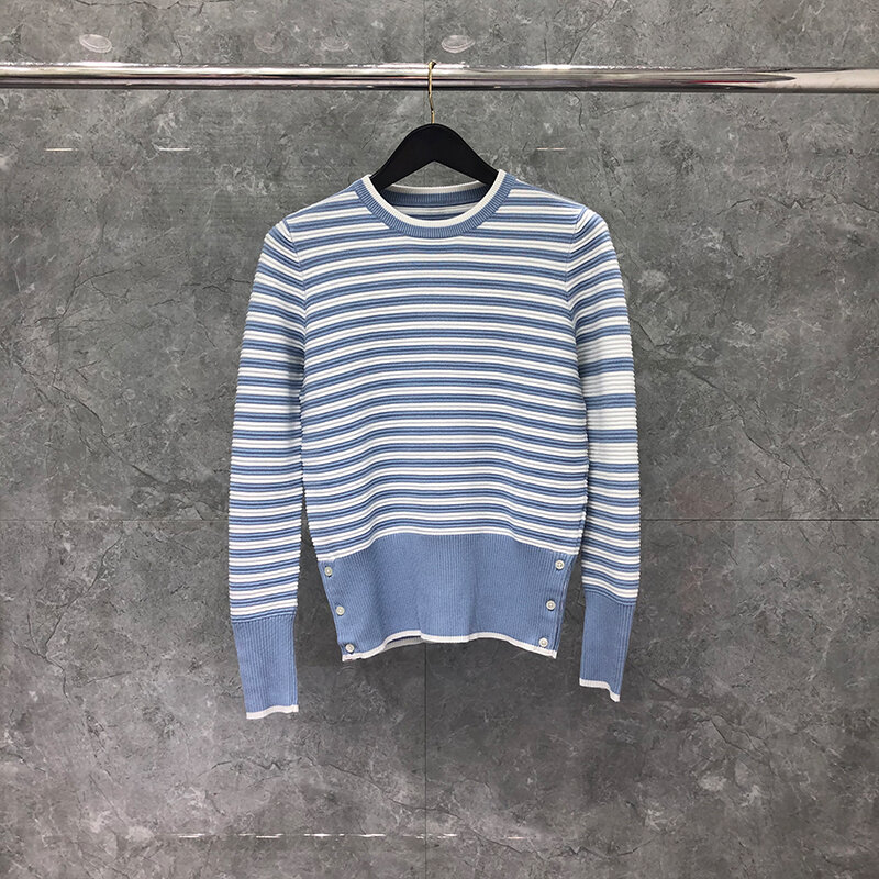 TB THOM Designers Sweater Contrast Striped Wool/Cotton Pullover Classic Cozy Chic Colorblock Drop-Shoulder Knit Tops