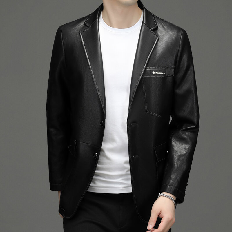 Chaqueta de cuero para hombre, traje de cuero ajustado con cuello corto, chaqueta informal de estilo coreano, novedad de 2022