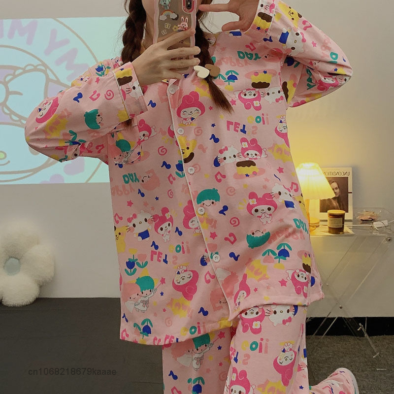 Sanrio Cartoon Melody New Home Clothes Cotton Women 2 Piece Set Korean Style Pink Cardigan Tops Wide Leg Pants Y2k Pajamas Suit