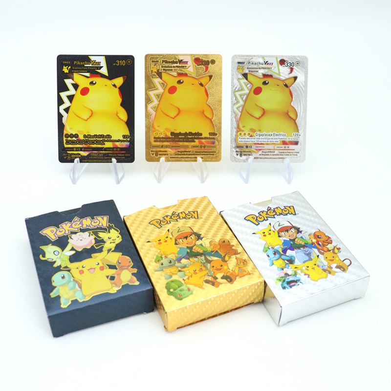 27-55Pcs Pokemon Spanish English Gold Sliver Cards Box Pikachu Charizard Vmax Portable Tin Box Battle Toys Hobbies Collection