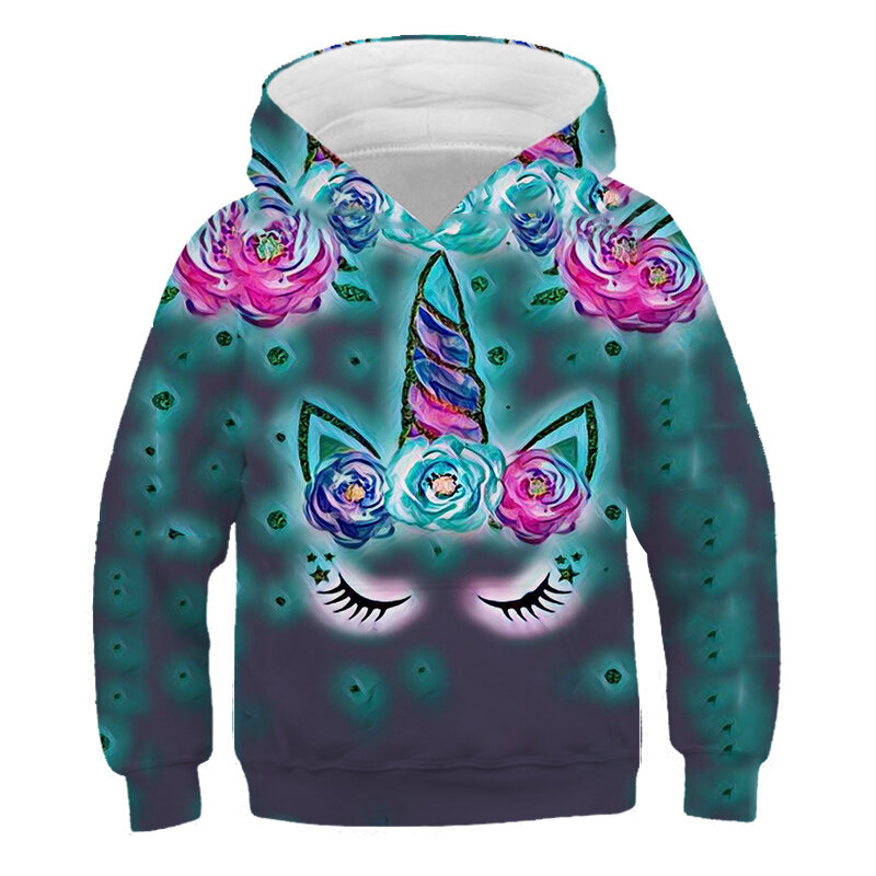 2022 new girls blue unicorn felpa con cappuccio moda per bambini casual felpa a maniche lunghe con cappuccio per bambini cartoon cute hoodie top
