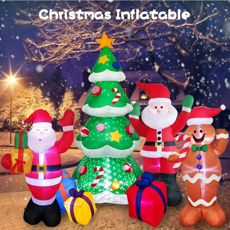 Christmas Inflatable LED Lighted Gingerbread Man Inflatable Snowman Tree Blow Up Xmas Party LED Lights Blow Up Yard Decor Toys