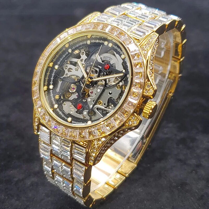 Montre de luxe en or véritable 18K pour hommes, mécanique, automatique, glacé, squelette entièrement en diamant, horloge creuse, bijoux rubis