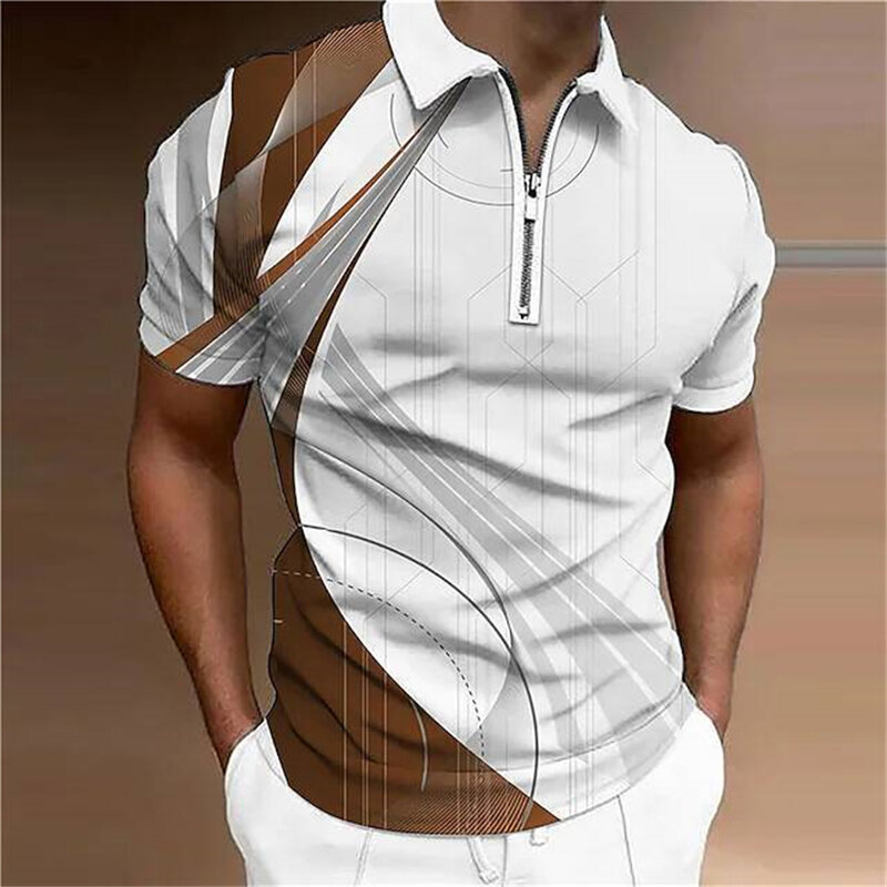 Мужская Простая Повседневная летняя рубашка-поло на молнии с коротким рукавом и принтом