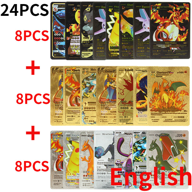 Pokemon Karten 15-81 stücke Gold Silber Schwarz Englisch Spanisch Französisch Deutsch Vmax Pikachu Charizard Kombination Sammlung Karten Geschenk