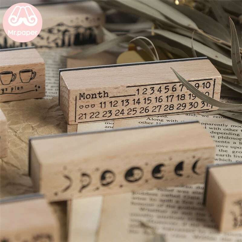 Mr Paper 12 Designs Planet Moon Flowers Number Piano Wooden Rubber Stamp for Scrapbooking DecoDIY Craft Standard Wooden Stamps