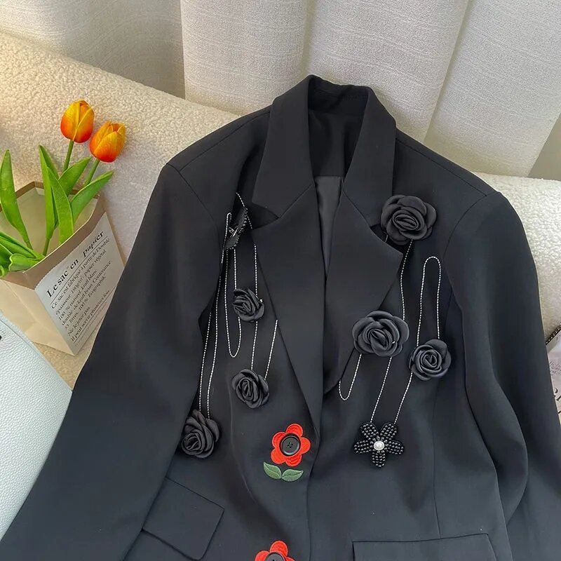 Chaqueta de traje negra de moda coreana para mujer, chaqueta bordada con flores, Tops, abrigo para mujer, primavera y otoño, 2022