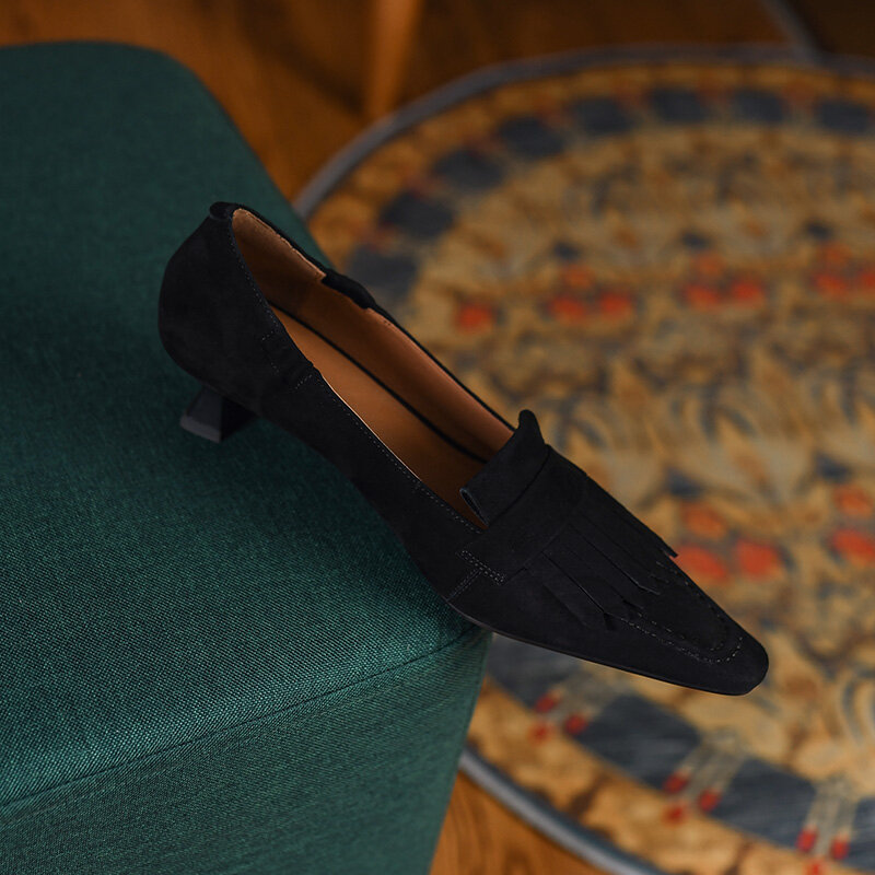 Zapatos de tacón de piel natural para mujer, Calzado cómodo de ante de oveja, con borlas, para Primavera, 22-2022 cm, novedad de 24,5