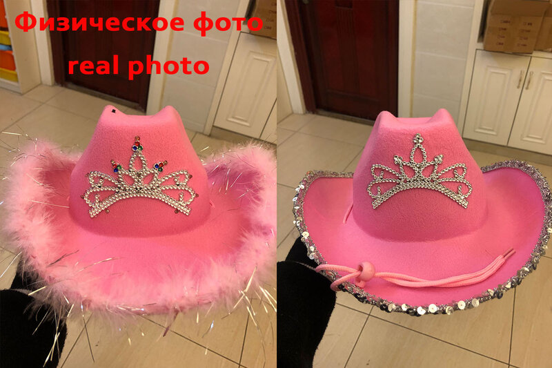 Feather Cowgirls หมวกสีชมพู Western Silver Sequin Crown Party พรหม Cosplay Party Play ฮาโลวีนชุดวาง