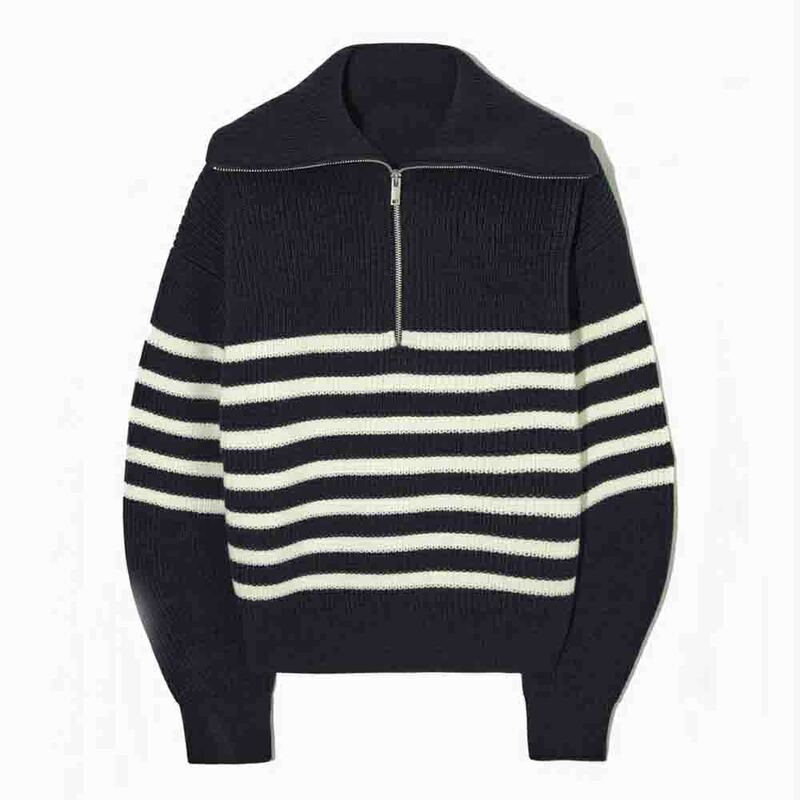 PB & ZA sweter damski moda w paski luźny zamek na drutach swetry w stylu Vintage z długim rękawem asymetria kobiece pulowerowe topy