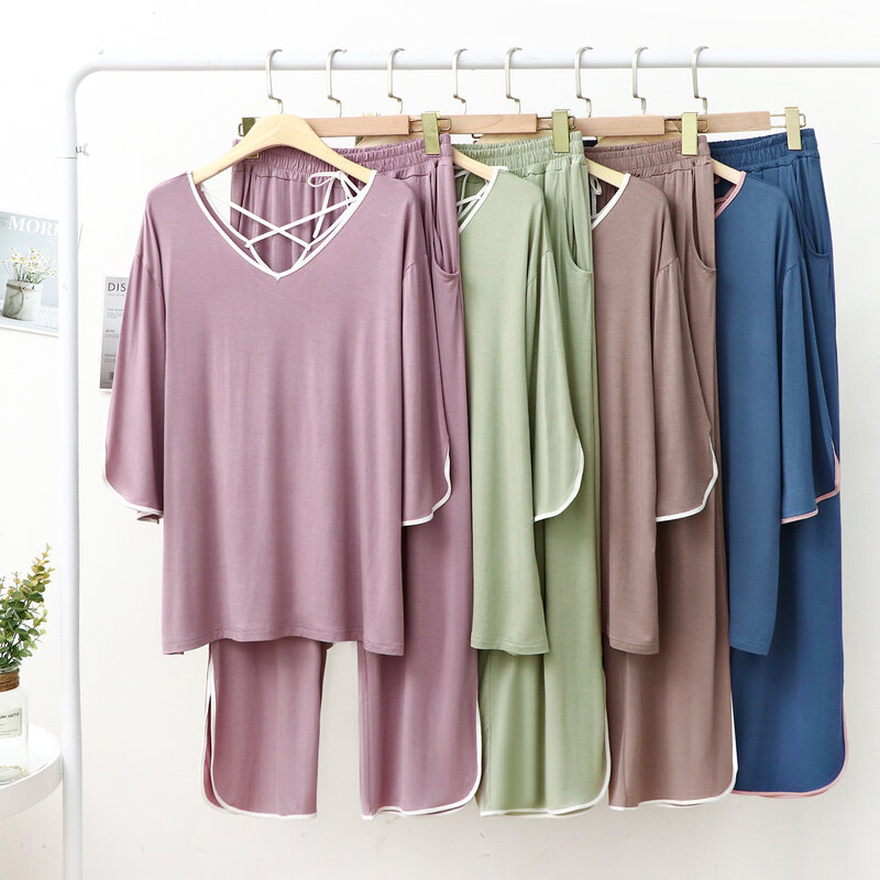 Modal Nightgown Women Nightclothing V Neck Mid-sleeve Trousers Fashion Beauty Back Cross Hemming Soft Comfortable Casual Outfit