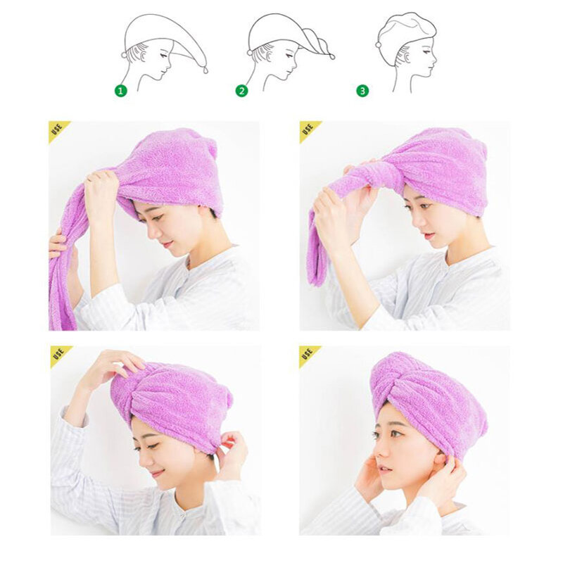 Tampão de toalha de cabelo feminino orelhas de coelho coral velo super absorvente de secagem rápida toalha de cabeça com botões banho cabelo chapéu de secagem