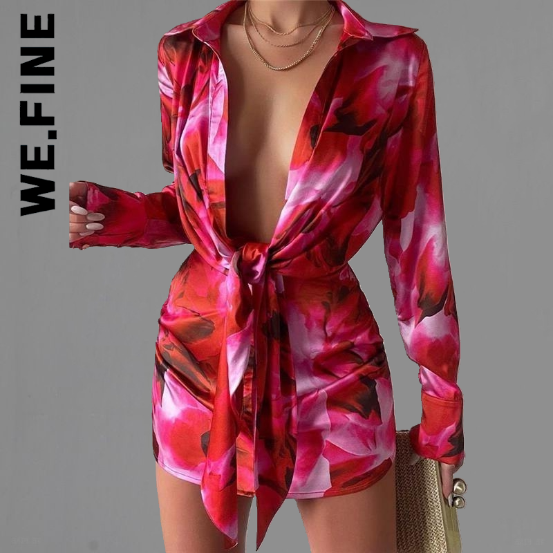 We.Fine Women New Dress Long-Sleeve Turn Down Neck Printed Lace-Up Shirt Dress Robe Stylish Vestidos Female Dress Woman