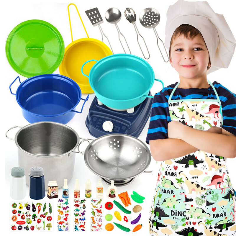 Kids Cooking Set Chef Role Play Costume Set Stainless Steel Cookware Pots And Pans Set 37pcs Play Kitchen Accessories For Boys