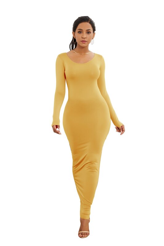Colorful Long Sleeve O Neck Stretchy Long Dress 2022 Spring Autumn Women Solid Casual Elegant Robe Bodycon Maxi Dresses Vestidos