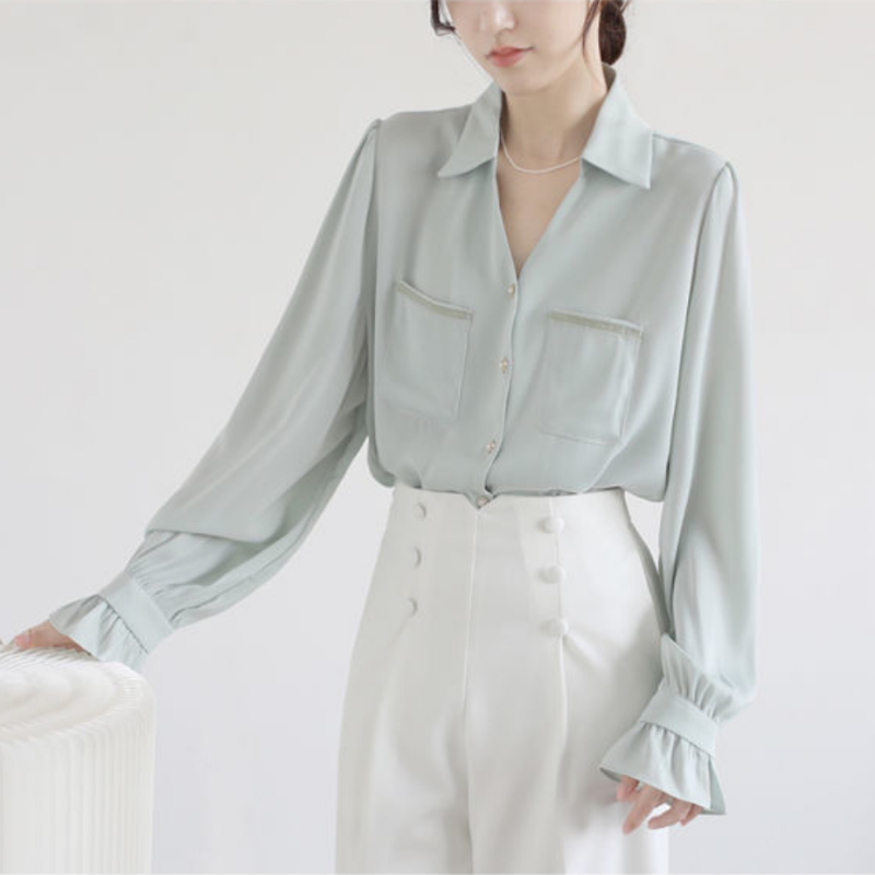 2022 v pescoço manga longa moda cor sólida chique sag camisa feminina elegante francês botão para cima camisa outono