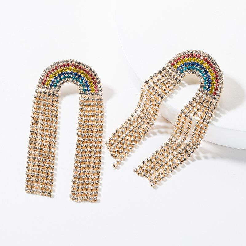 Fashion Creative Rhinestone-Studded Rainbow Tassel Earrings Female Personality Full Diamond Earrings Girl Heart Earrings