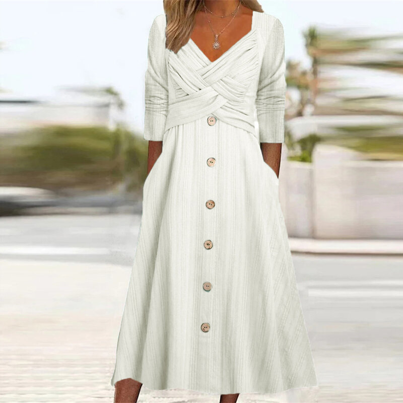 Elegante feminino monocromático com decote em v manga comprida vestido de festa, vestido de botão solto, casual feminino com bolsos, moda verão