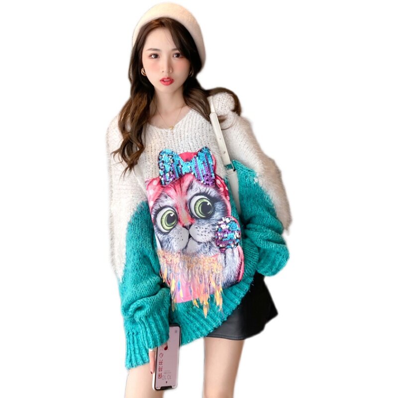 Camisola pulôver de manga comprida feminina outono e inverno novo estilo coreano solto meados de comprimento gato padrão lantejoulas bowknot malha