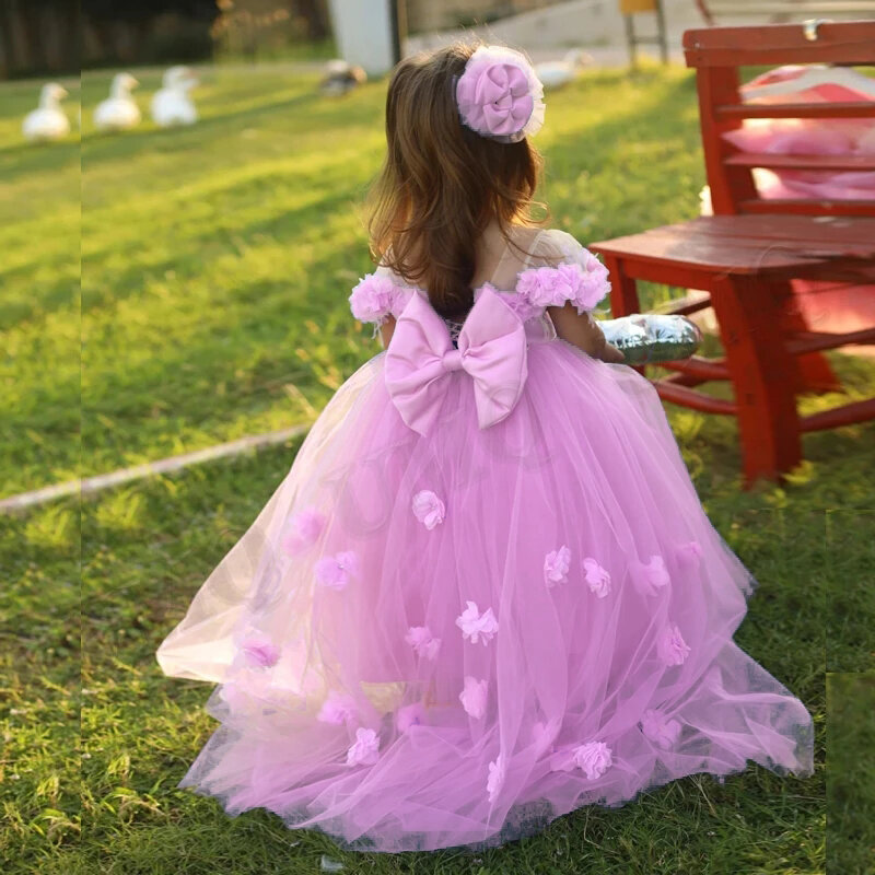 Vestido de flores de costura púrpura para niña, vestidos de fiesta de boda con lazo, ilusión de flores 3D, disfraces de cumpleaños para bebé, primera comunión