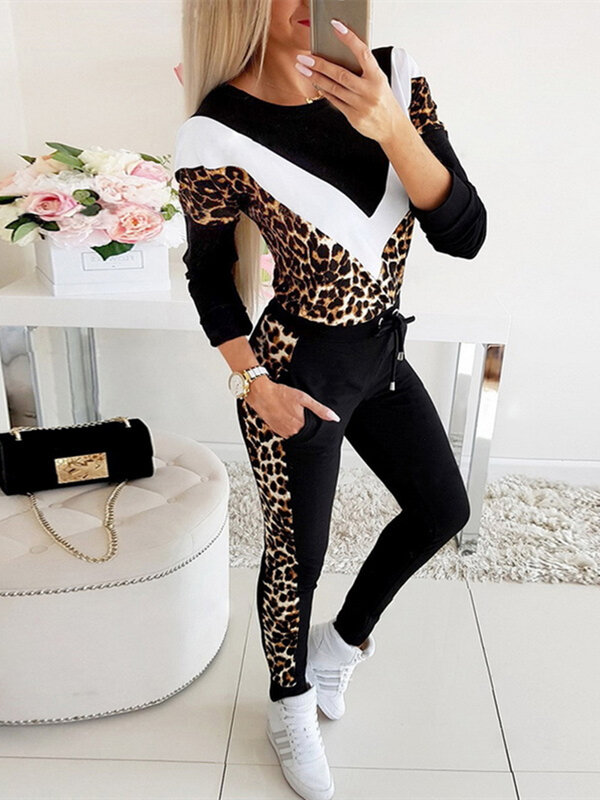Conjunto de duas peças primavera roupas de treino feminino leopardo impresso emendamento moletom topo e calças jogging define roupas esportivas femininas