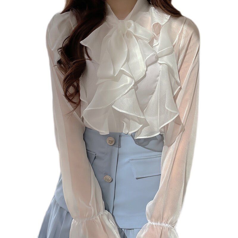 Женская шифоновая рубашка с оборками, повседневная однотонная блузка с длинным рукавом, модель 90B, 2022