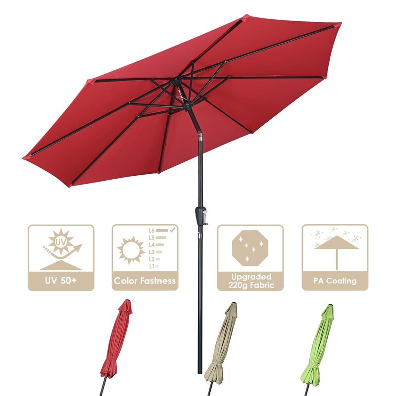 10FT Payung Outdoor Parasol Tahan Pudar Teras UV50 + Pelindung Merah