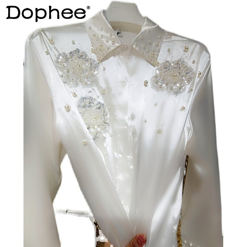 Korean 3D Flower Heavy Sequins Beaded White Shirt Women High-End Satin Polo Collar Long-Sleeved Blouse Summer Office Blusas Top