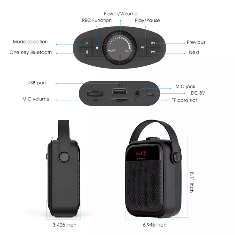 Shidu 25W Draagbare Voice Versterker Draadloze Microfoon Audio Bluetooth Luidspreker Megafoon Luidspreker Opname Tws Fm Radio H6