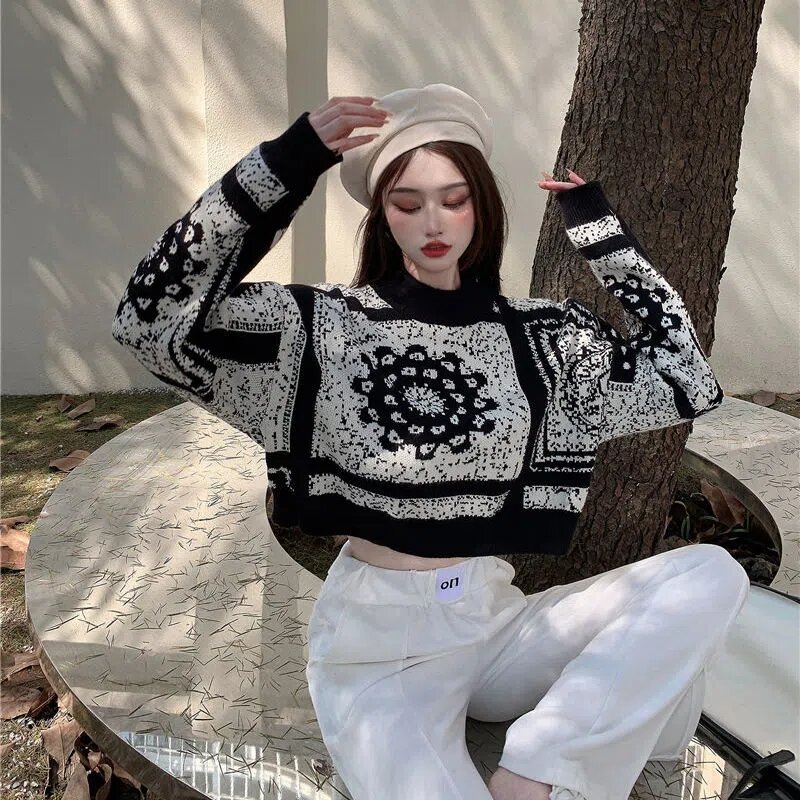 女性用ハイウエストニットセーター,韓国のファッション,ジャカード,ラウンドネック,日本のヴィンテージセーター,秋冬