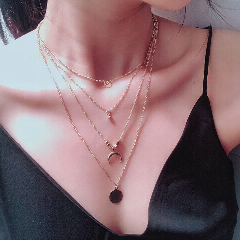 Vintage Multilayer Crystal Pendant Necklace Women Gold Color Beads Moon Star Horn Crescent Choker Bohemia Necklaces Jewelry