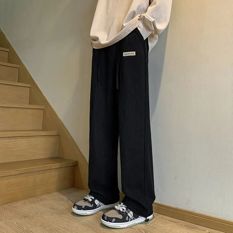 Tide แบรนด์วาฟเฟิล Oversize Casual กางเกงใหม่ผู้ชาย Street สไตล์อเมริกันสีทึบกางเกงขาทรงกระบอก High-End Niche Wideleg กางเกง