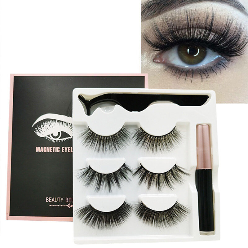 ใหม่! 3คู่ขนตาปลอม False Lashes ซ้ำใช้ขนตากันน้ำฟรี Liquid อายไลเนอร์แต่งหน้าแหนบชุด