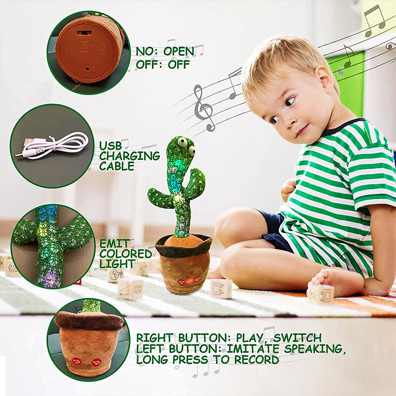 Juguete de Cactus para niños, juguete educativo que habla con carga USB, puede cantar, grabar, bailar, Dansant, regalo de cumpleaños