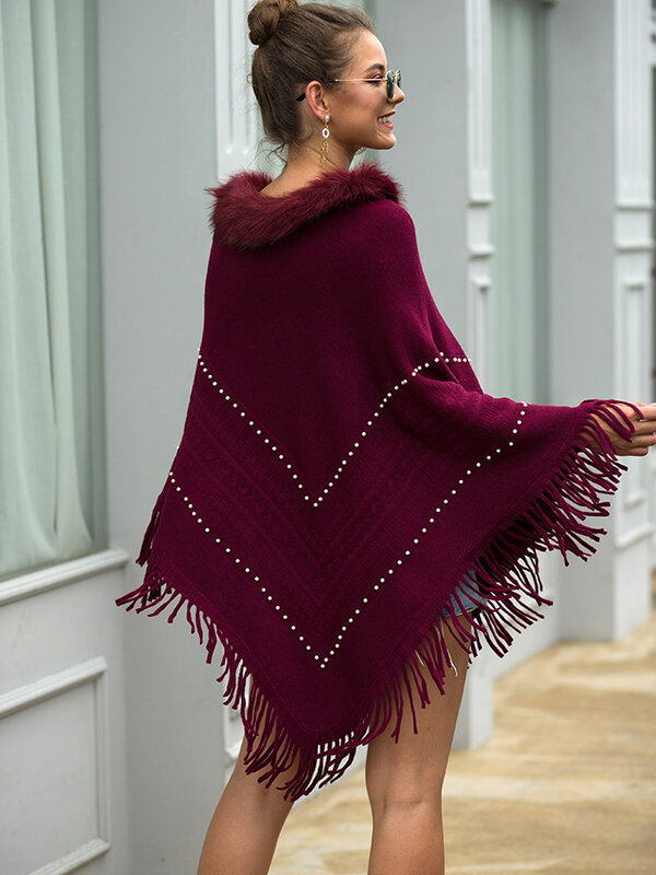 Fur Collar Winter Shawls And Wraps Fringe Oversized Womens Winter Ponchos And Capes Batwing Sleeve pullover Cloak