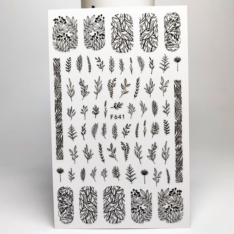 1pcs 3D 네일 아트 스티커 블랙 라인 꽃 동물 잎 심장 이미지 네일 아트 장식 슬라이더 네일 매니큐어 F634-F821