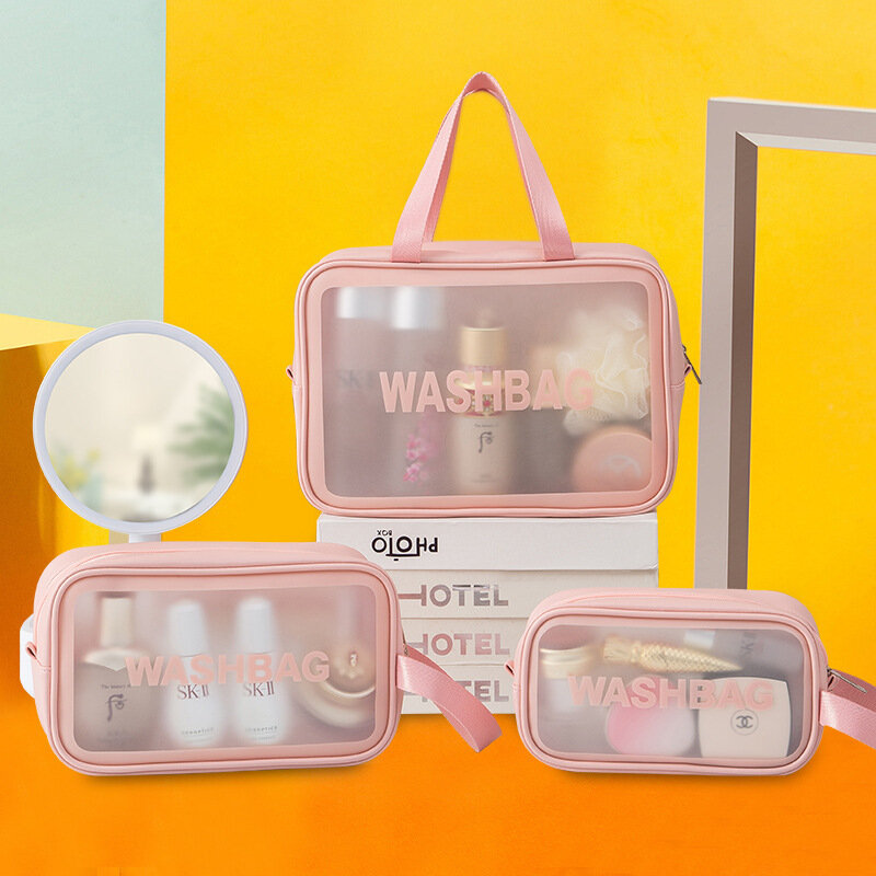 Maquiagem Travel Organizer Bag, Pvc PU Clear Pouch, Transparente Rosa e Branco Cosmetic Cases, Bulk Wholesale