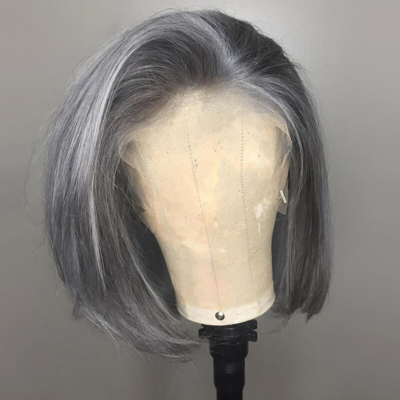 Peluca de cabello sintético para mujeres negras, pelo sintético con malla frontal, de fibra de calor, color gris, platino, rubio ceniza, sedoso, 12-16 pulgadas