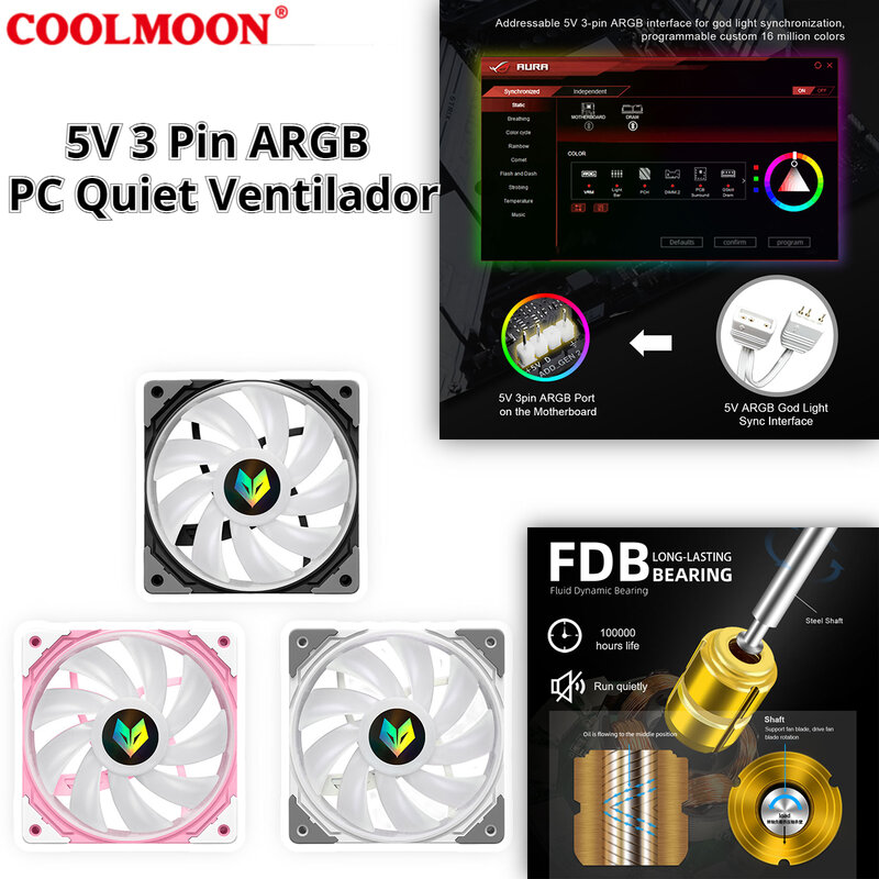 Coolmoon cooler 5v 3 pinos argb ventilador silencioso fdb rolamento temperatura-controlado 120mm pwm ventilador de refrigeração silencioso radiador