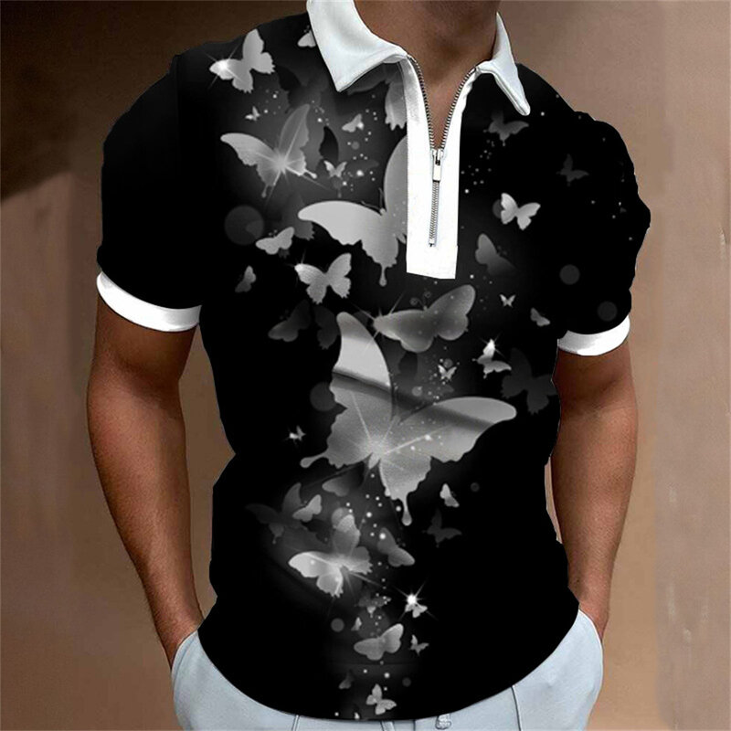 POLO de manga corta con cremallera para hombre, camiseta informal con estampado de mariposa para verano